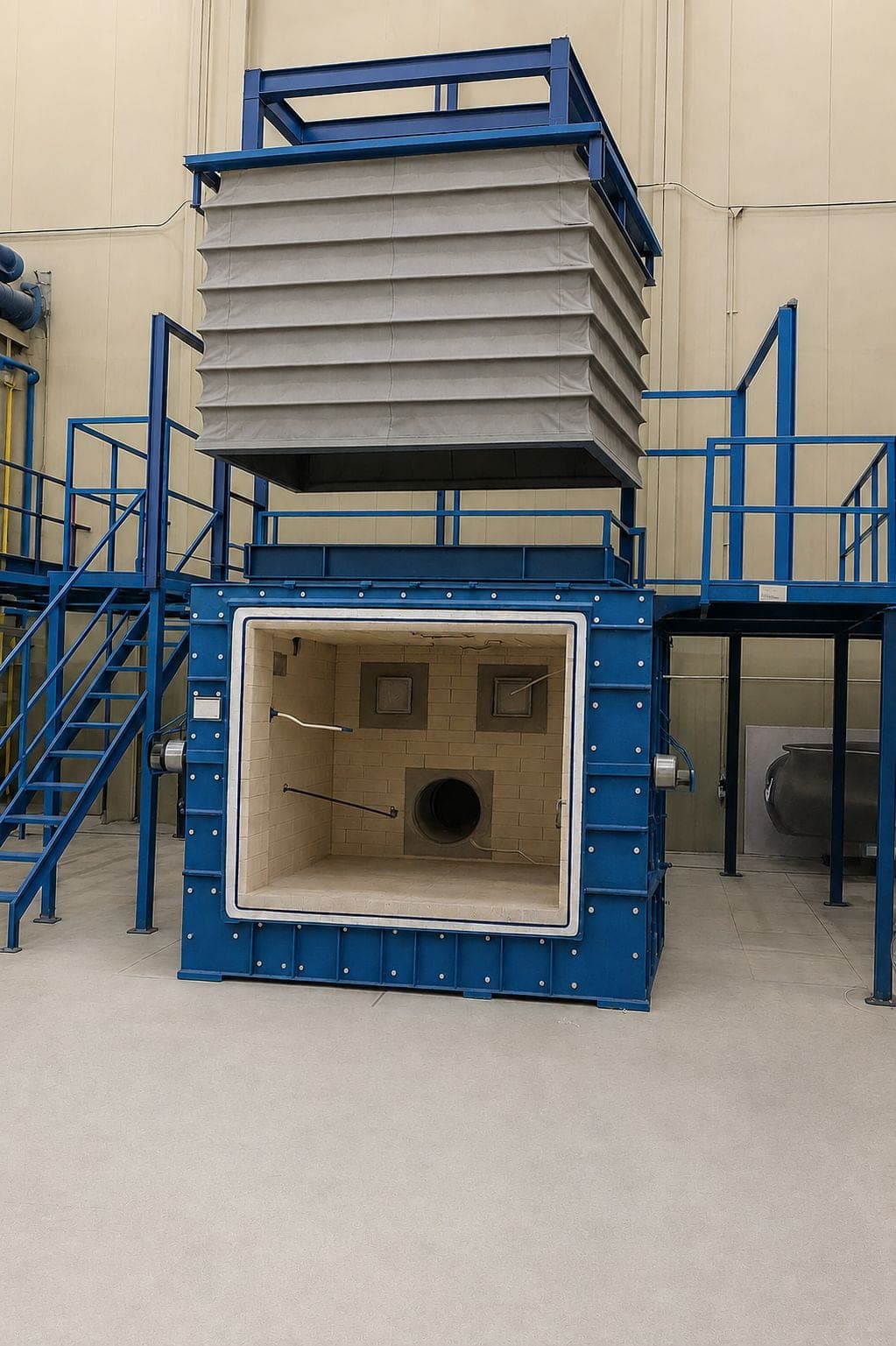 Indicative fire test furnace with its extraction hood and access stairs