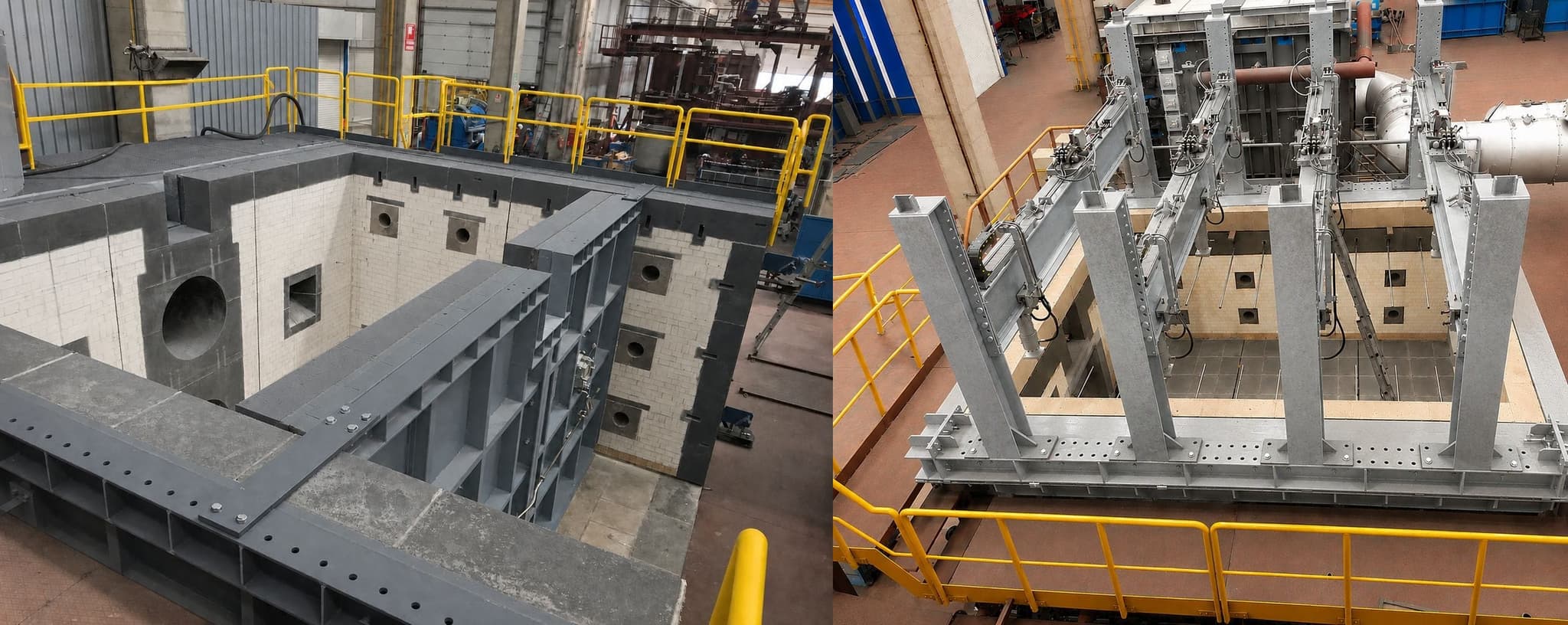 Refractory-lined furnace chamber alongside the loading frame with hydraulic cylinders mounted over the test opening